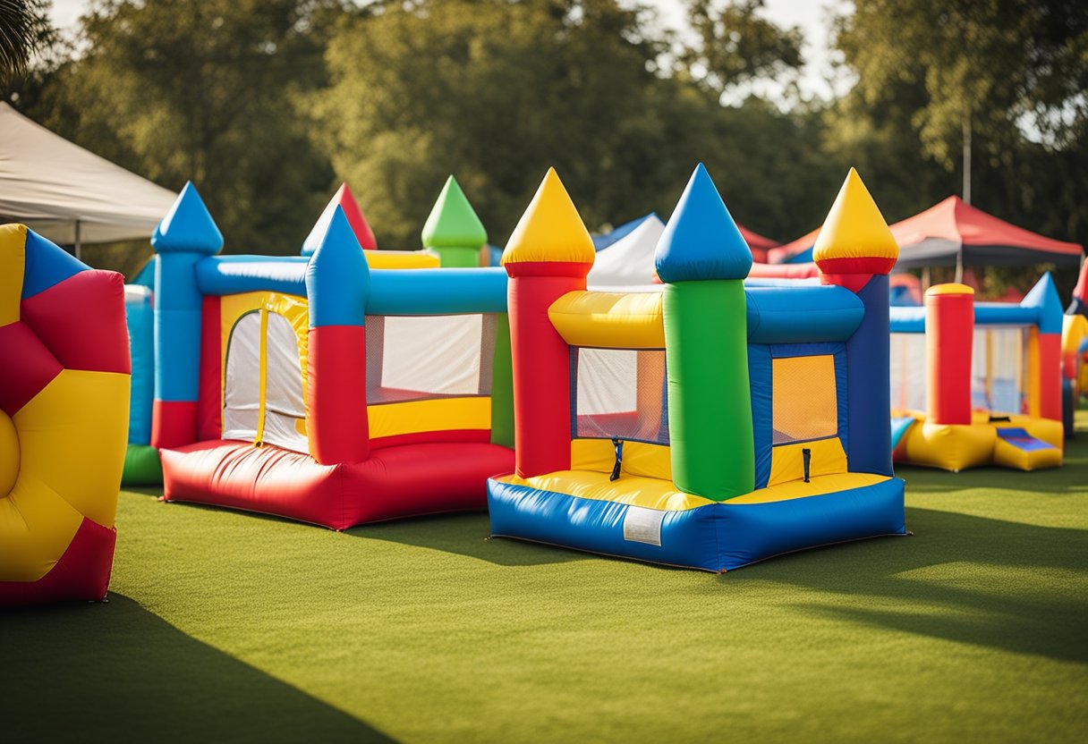 Bounce houses set up on grass, sand, and pavement. Stakes secure them on grass. Different terrains require different anchoring methods