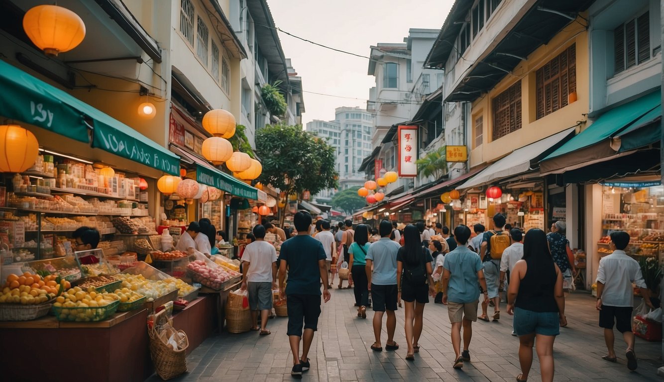 A bustling Singapore street with colorful storefronts and signs advertising buy now, pay later options. People are seen browsing and making purchases with ease