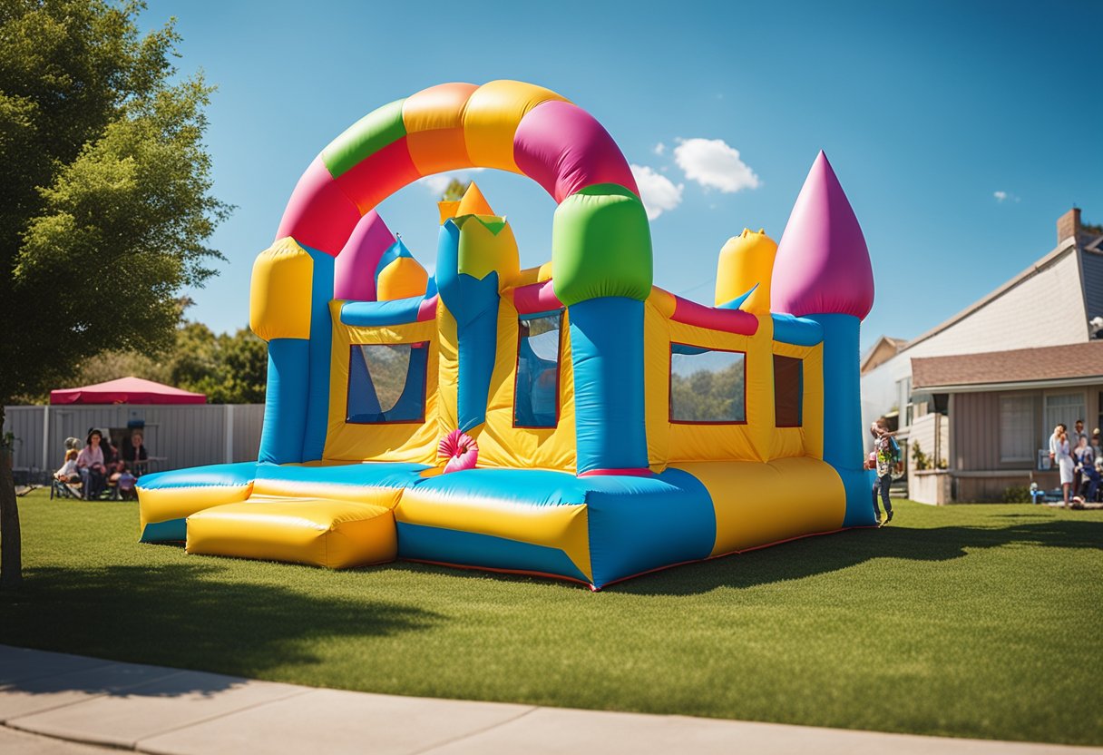 A colorful bounce house sits in a yard, secured with stakes in the ground. It's surrounded by excited children and a sunny blue sky