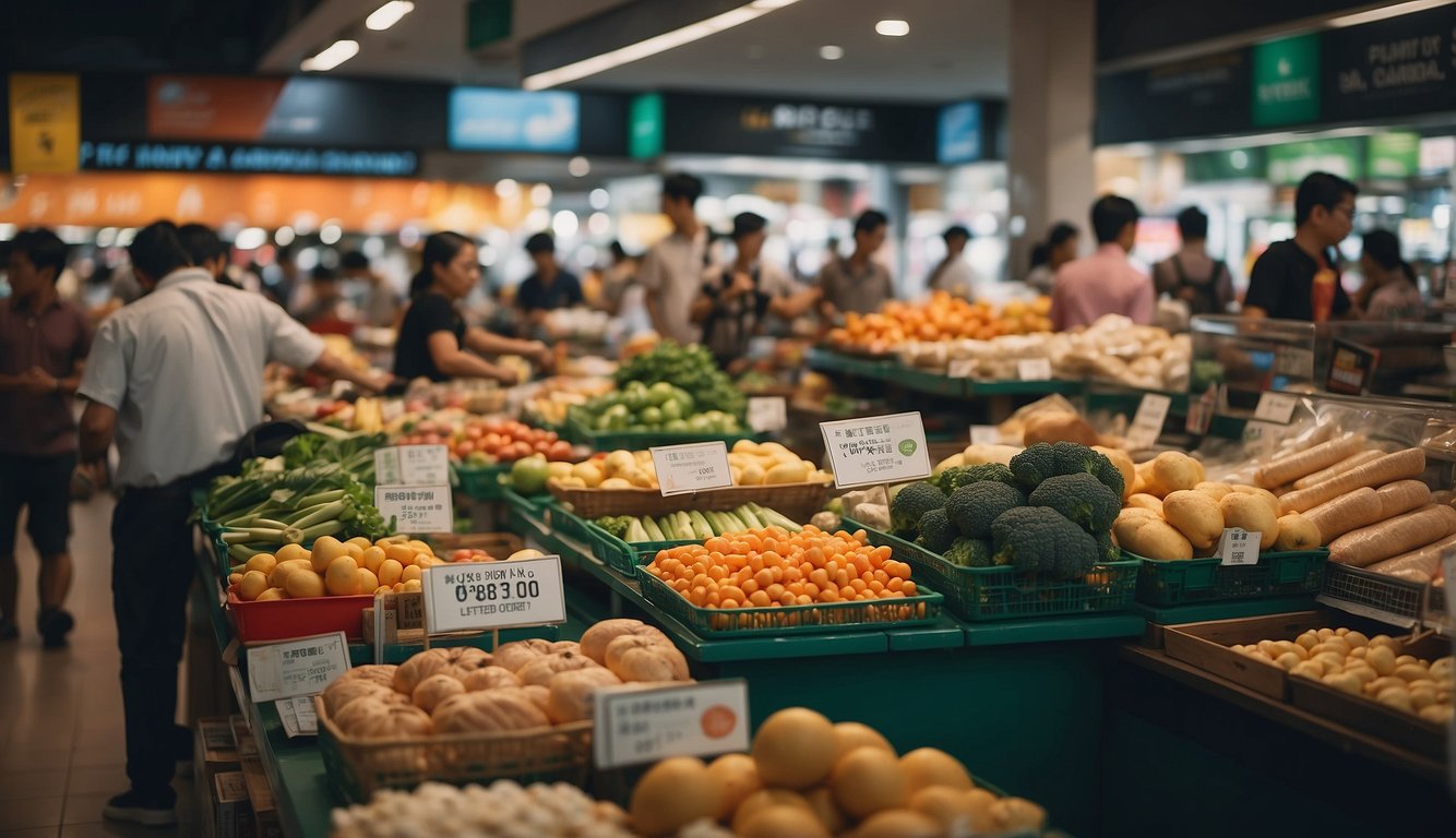 A bustling Singaporean marketplace with various products and a prominent "Buy Now Pay Later" sign displayed at a checkout counter