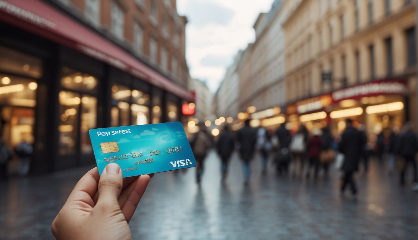 A vibrant cityscape with a mix of traditional and modern architecture. A shopper swiping a credit card with a tempting "Buy Now, Pay Later" sign in the foreground