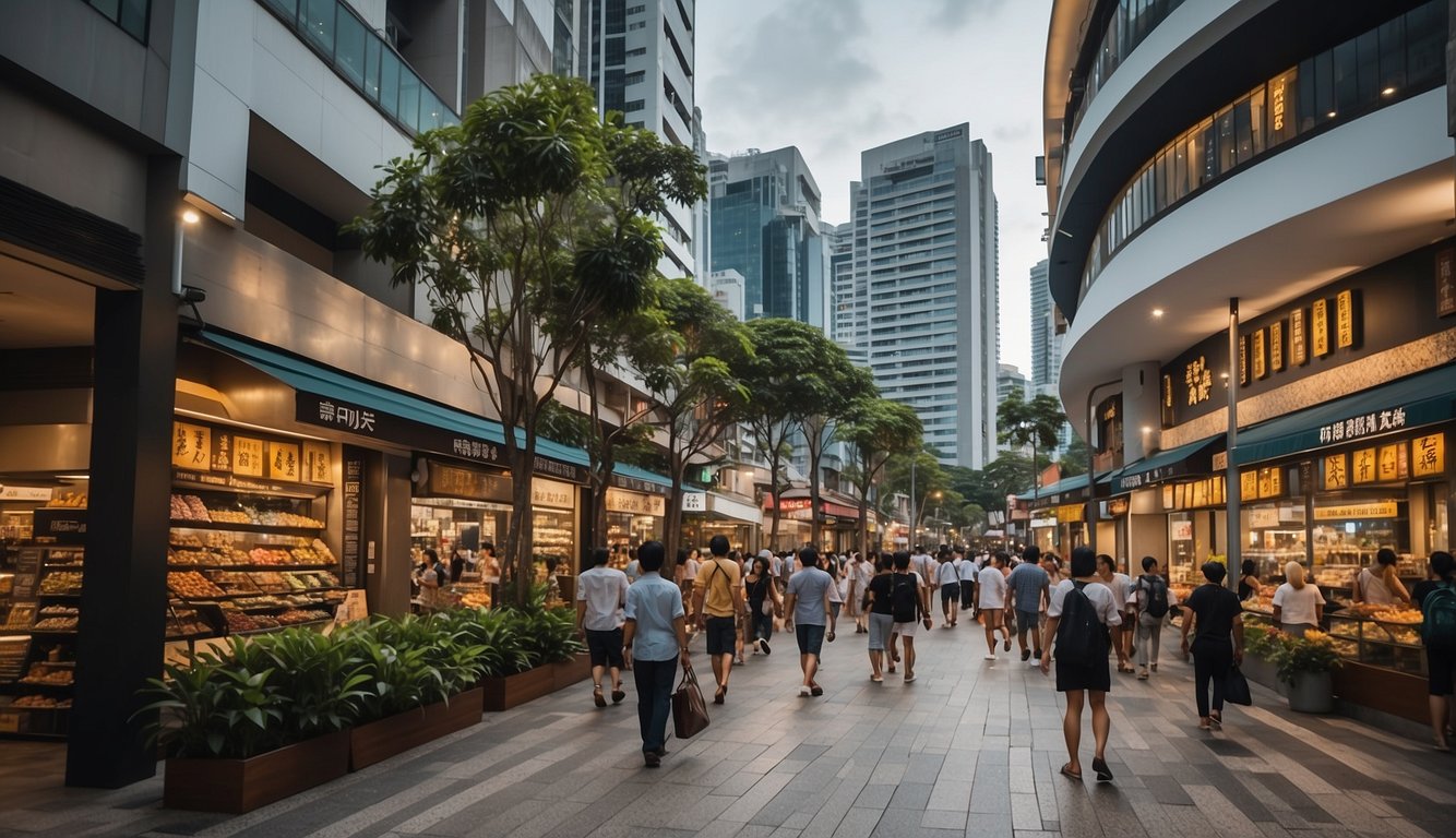 A busy Singapore shopping street with contrasting signs for BNPL and traditional credit options. Bright, modern storefronts stand next to more traditional, established businesses
