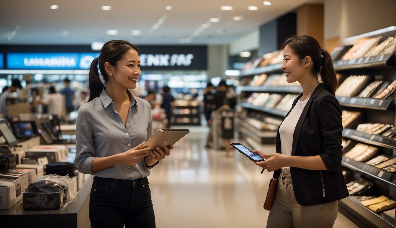 A customer confidently makes a purchase using BNPL at a Singapore store, while a consumer protection logo is prominently displayed