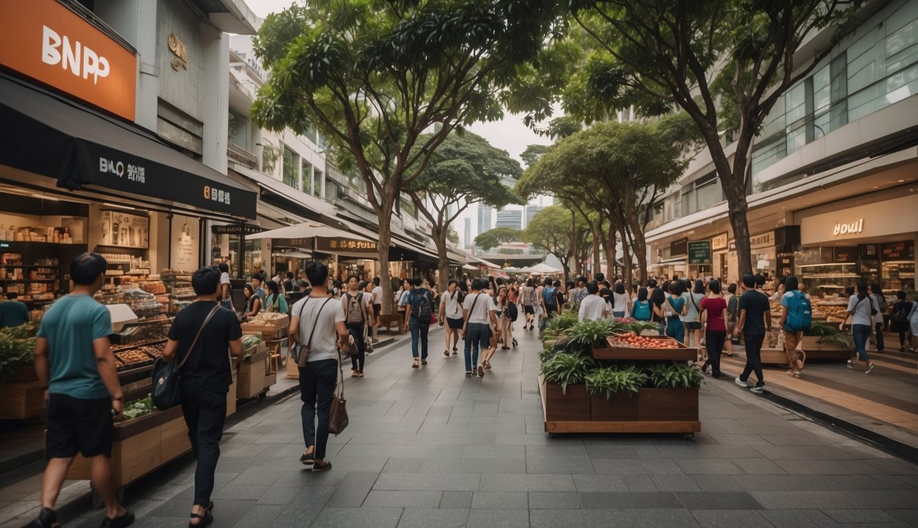 A bustling Singapore retail street with BNPL logos on storefronts, shoppers weighing pros and cons