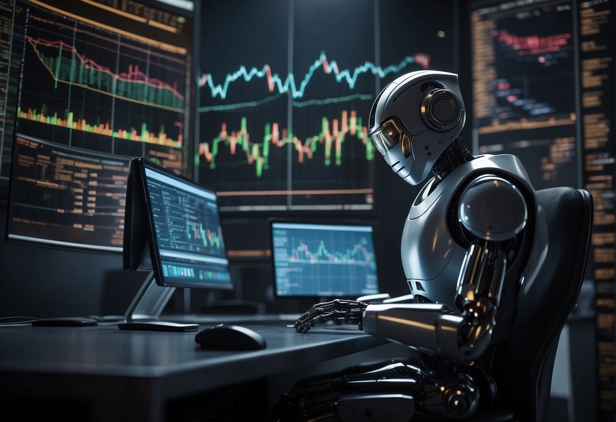 A robot sits at a computer screen, analyzing cryptocurrency data. Charts and graphs fill the screen as the robot executes automated trades