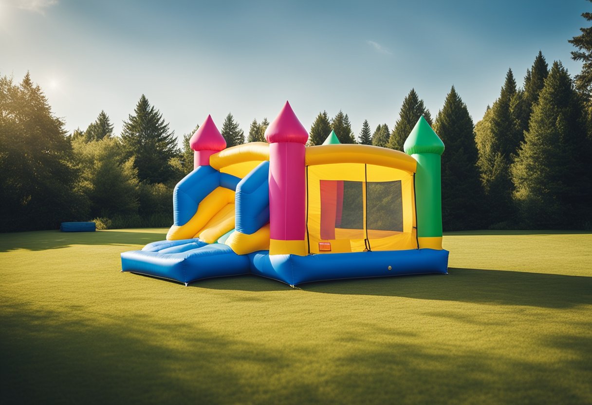 A spacious backyard with a clear, level surface. A colorful, inflated bounce house in the center, surrounded by a safe distance from any obstacles