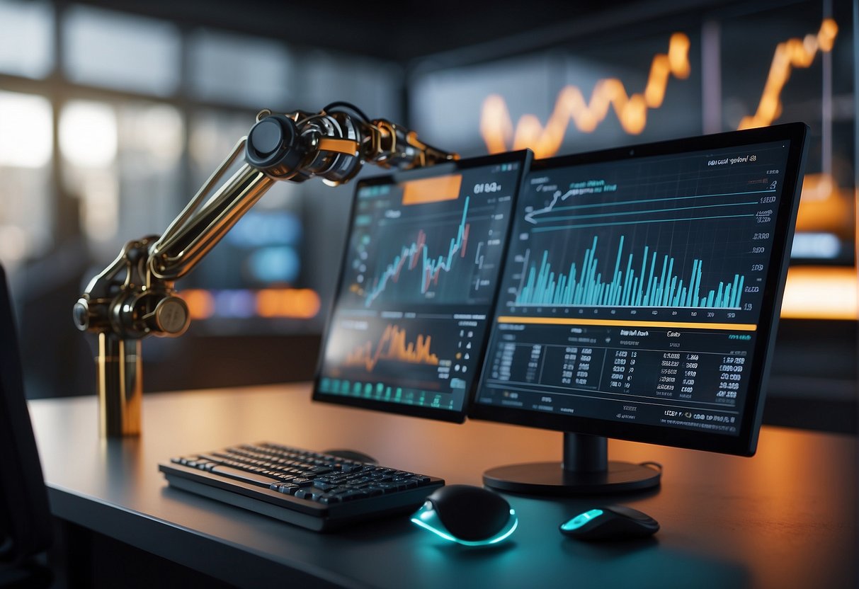 A computer screen displays a chart of cryptocurrency prices. A robotic arm extends from a sleek machine, executing trades with precision