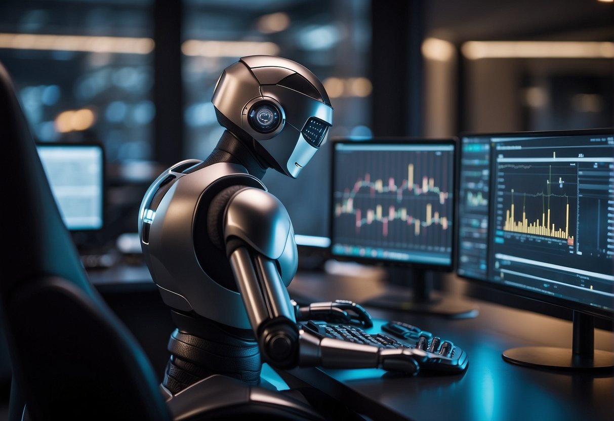 An automated crypto trading robot scans data on multiple screens, executing trades with precision. The sleek, modern workspace is equipped with advanced technology and security measures