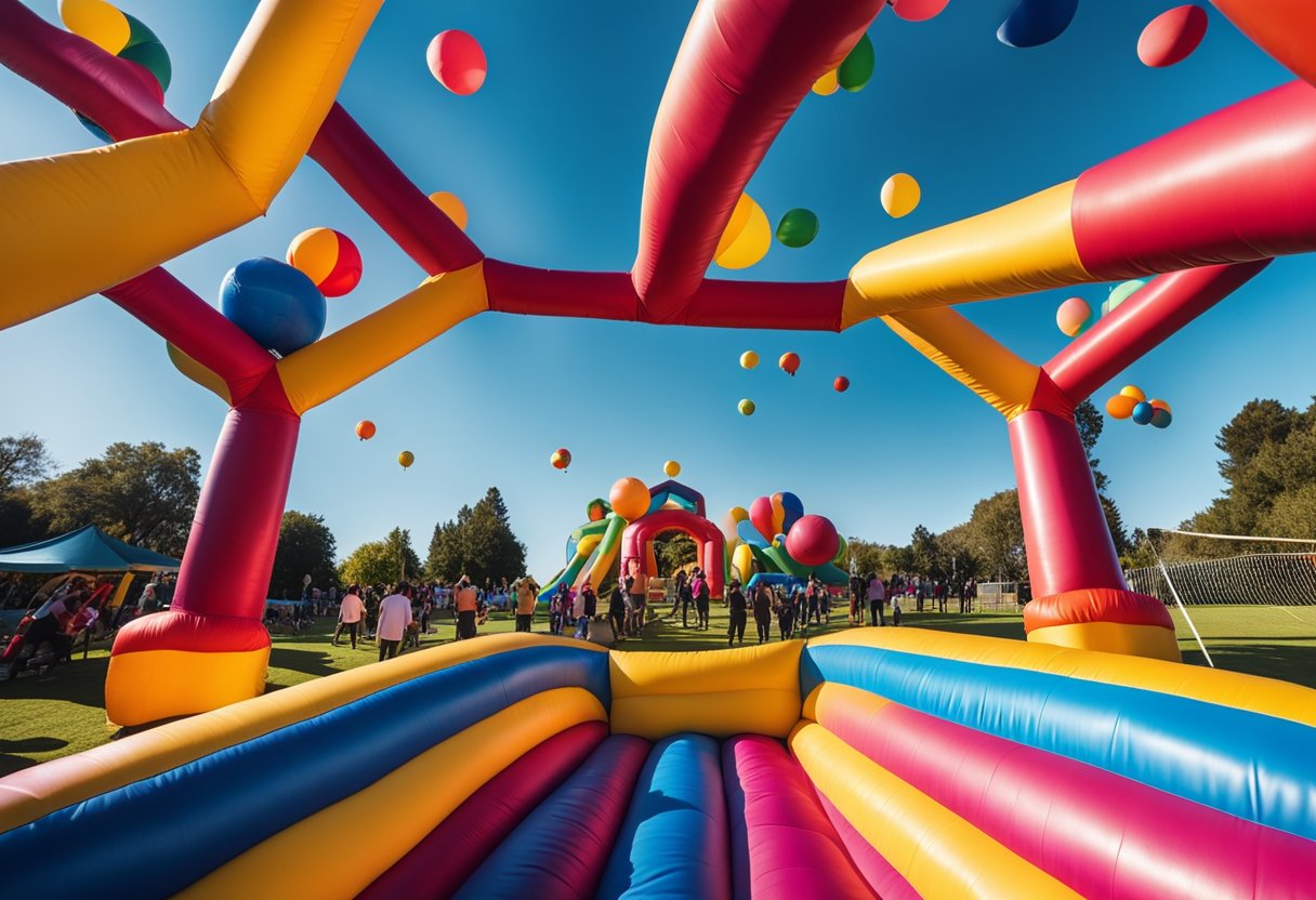 A colorful bounce house surrounded by kids, with a backdrop of a sunny park and a clear blue sky