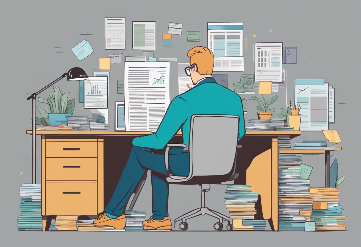 A person sitting at a desk, surrounded by financial documents and a calculator, pondering retirement with $800k in their 401k