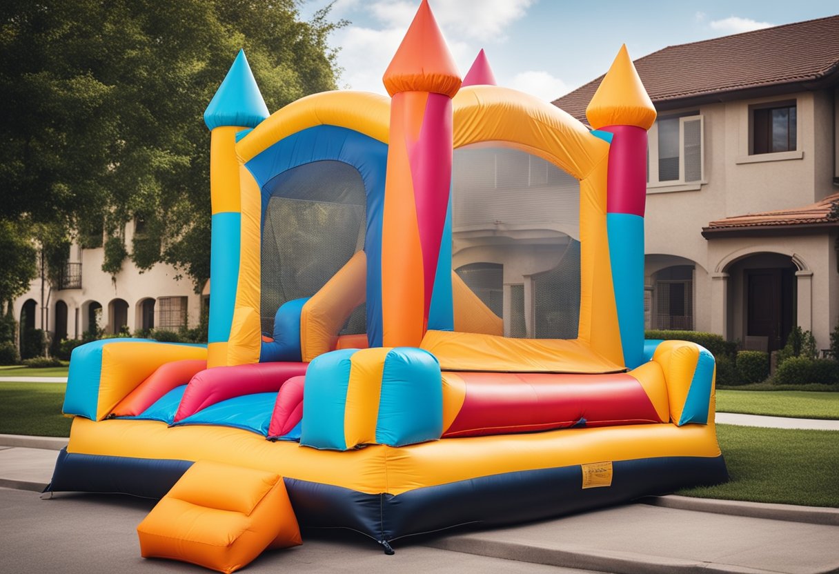 A colorful bounce house surrounded by safety cones and a sign displaying insurance cost factors