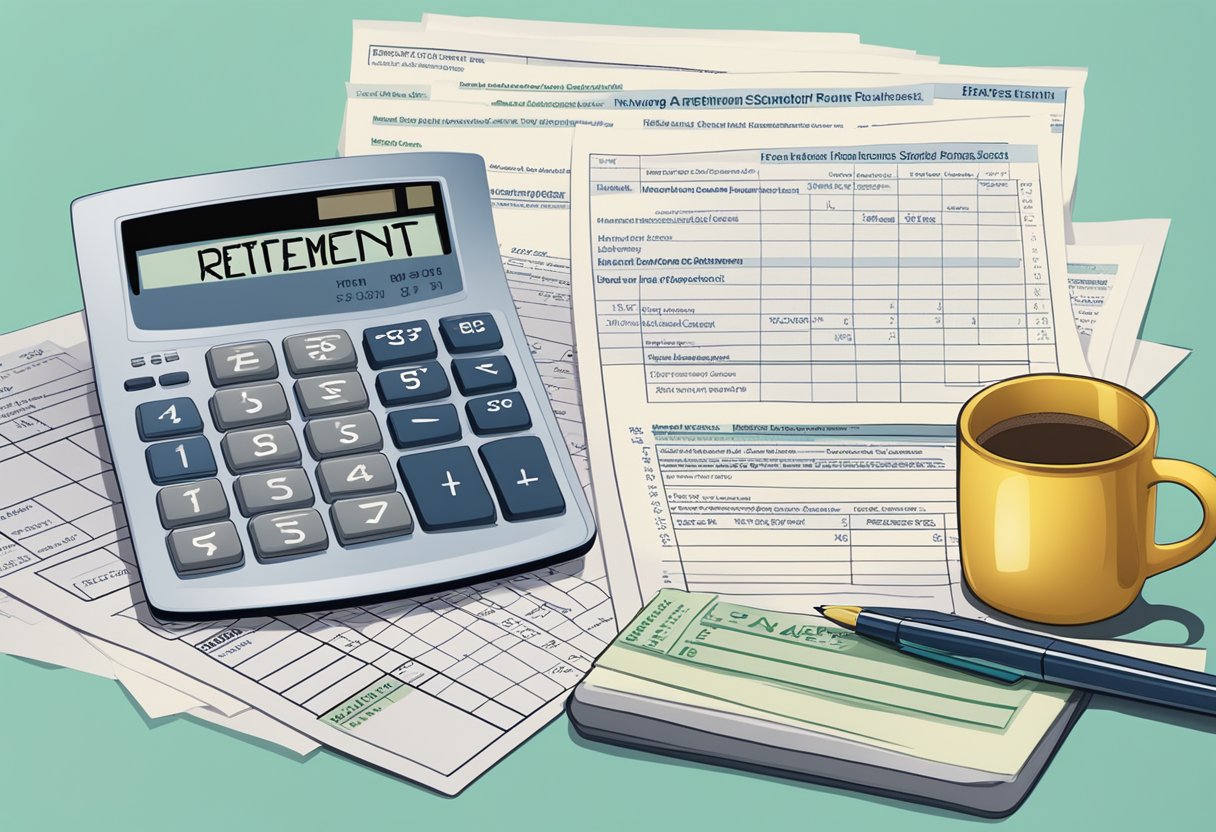 A calculator and a retirement savings statement lay on a desk, with a list of living expenses and retirement plans in the background