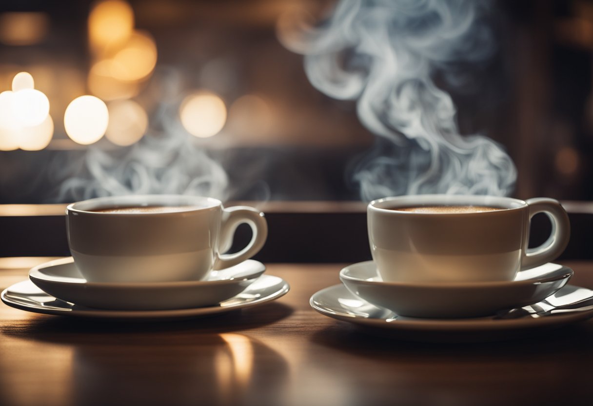 Two coffee cups on a table, with steam rising from one. A cozy atmosphere with warm lighting and comfortable seating