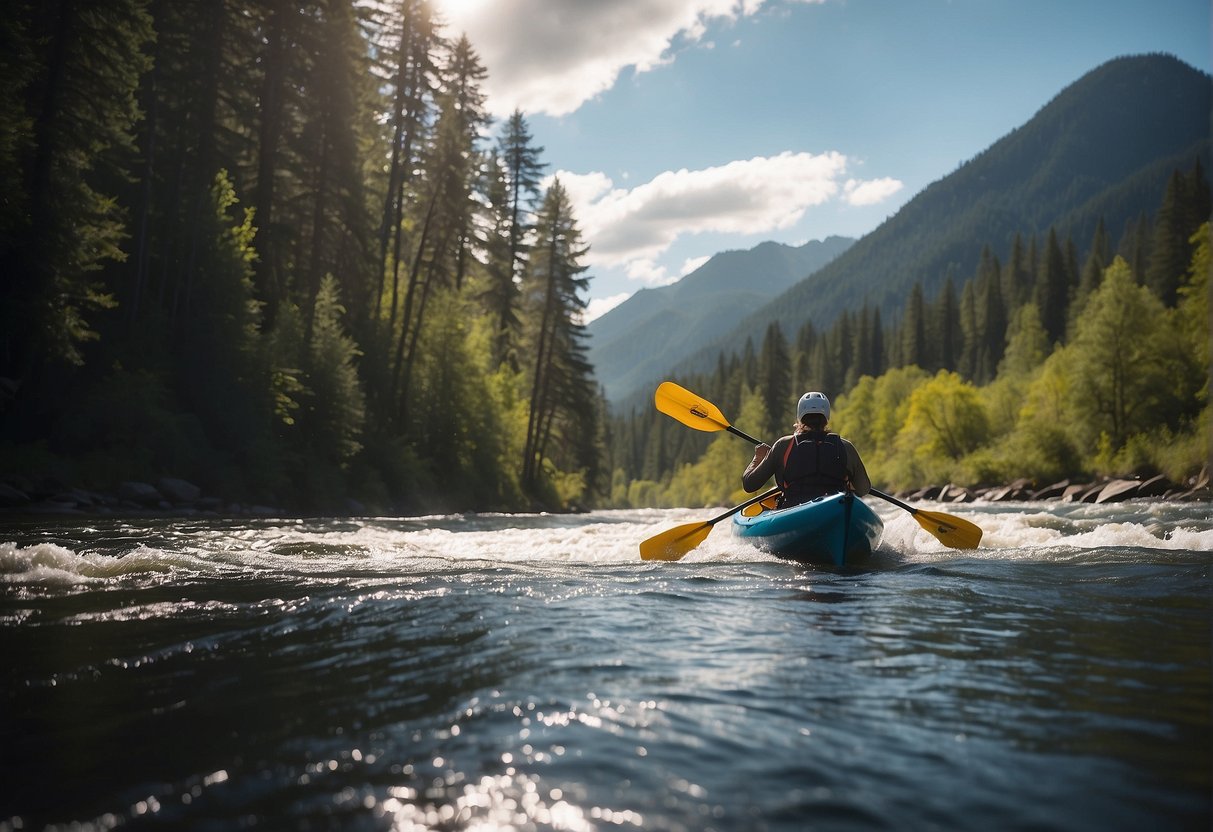 A kayaker launches into a rushing river, paddle slicing through the water. Trees line the banks, and mountains loom in the distance