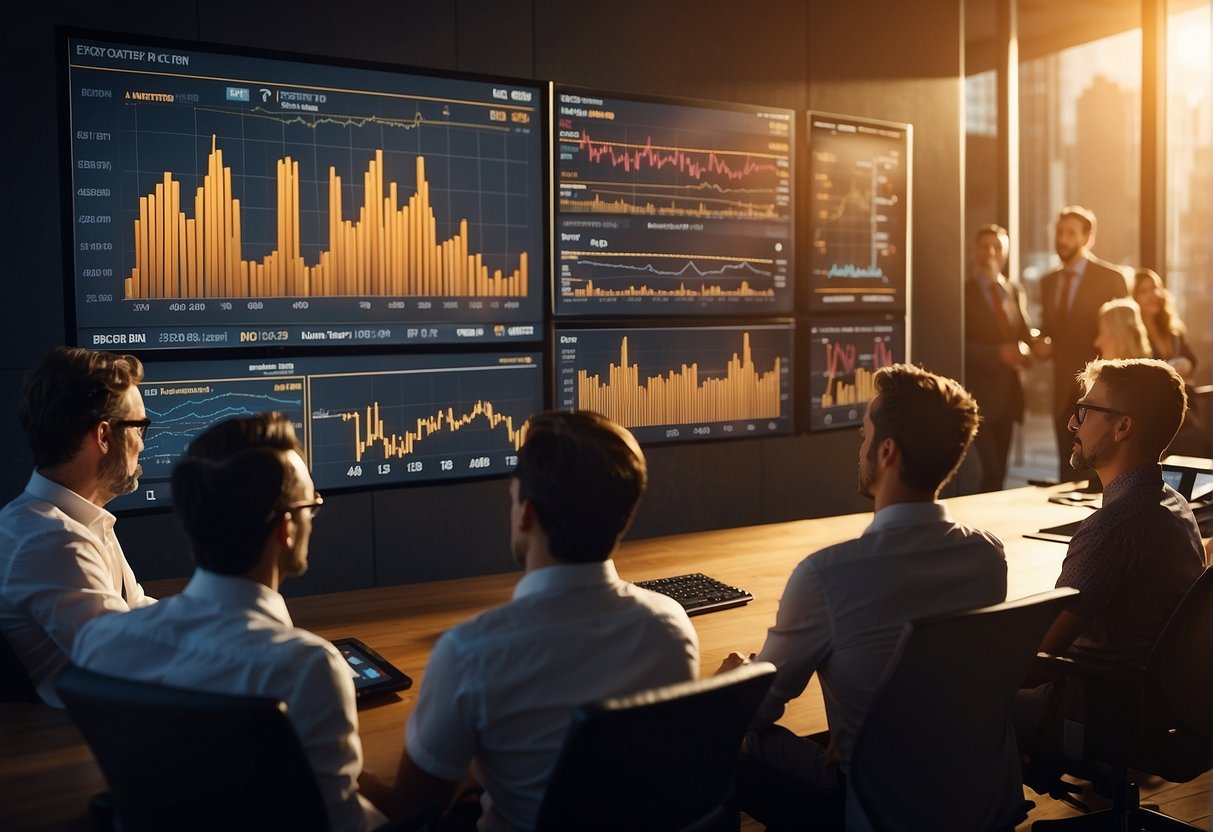 Bitcoin ETF market: A group of investors eagerly discussing potential gains. Charts and graphs showing price fluctuations. Excitement and anticipation in the air