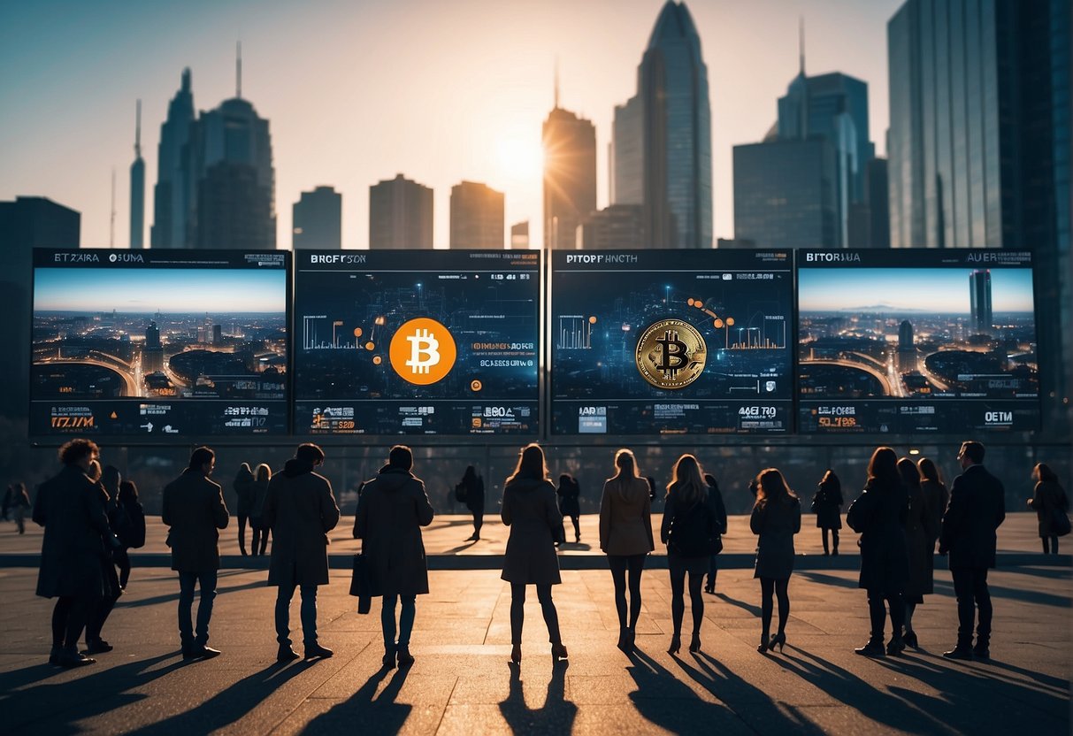 A futuristic city skyline with digital screens displaying "Bitcoin ETFs" and people interacting with them