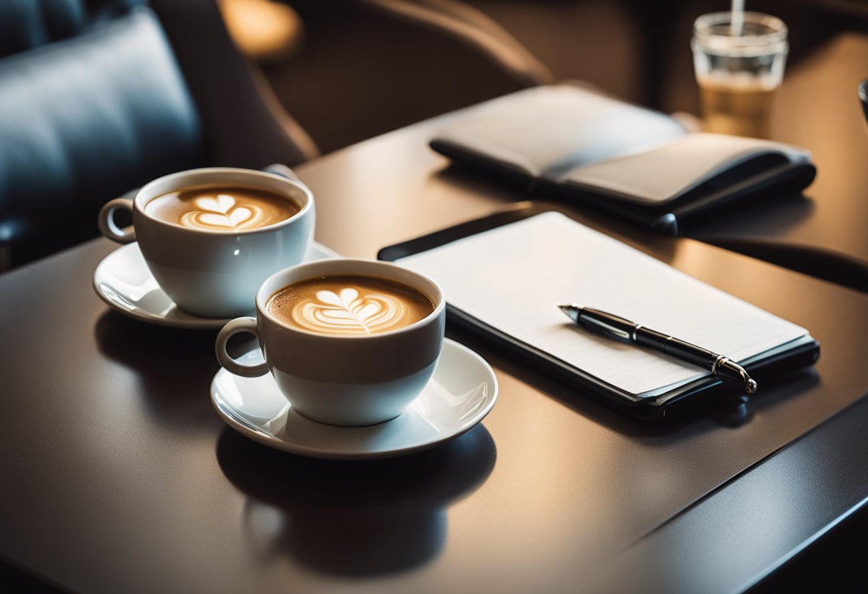 A coffee shop table set with two mugs, a notepad, and a pen. A phone with a notification on the screen. A cozy atmosphere with warm lighting and comfortable seating