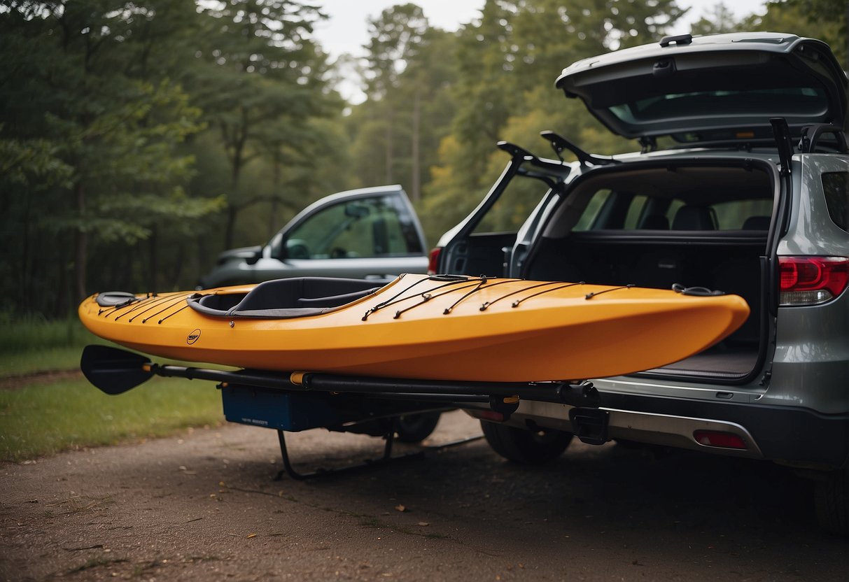 A kayak is being loaded onto a roof rack. A car is parked nearby, with the trunk open and gear being organized. The scene depicts the process of transporting and storing a kayak for an adventure sports kayaking trip