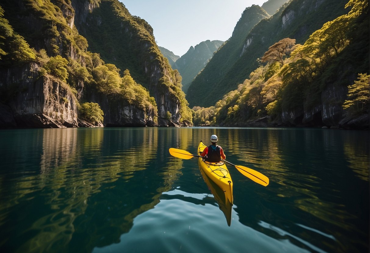 A kayak glides through calm waters, surrounded by lush greenery and towering cliffs. The sun casts a warm glow on the scene, creating a serene and inviting atmosphere for adventure sports enthusiasts