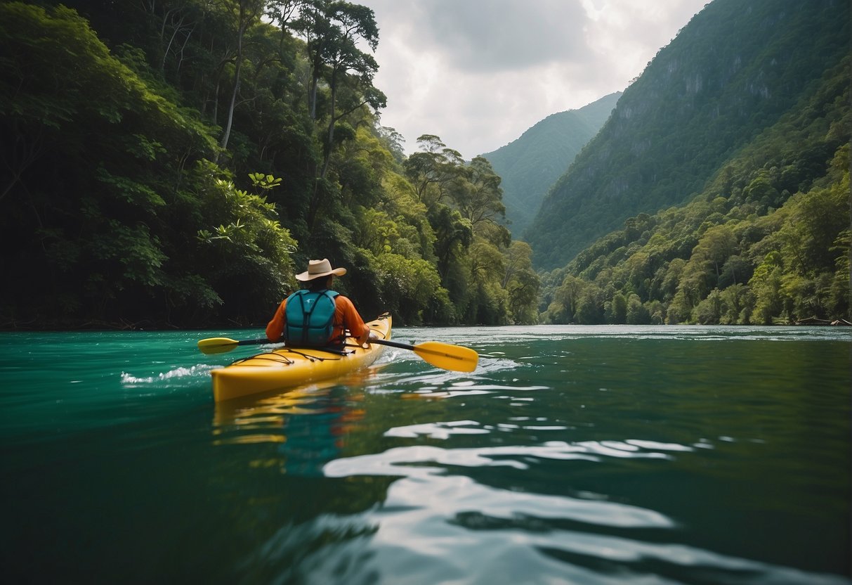 A kayaker paddles through calm waters, surrounded by lush greenery and wildlife. They navigate with care, respecting the environment and fellow adventurers
