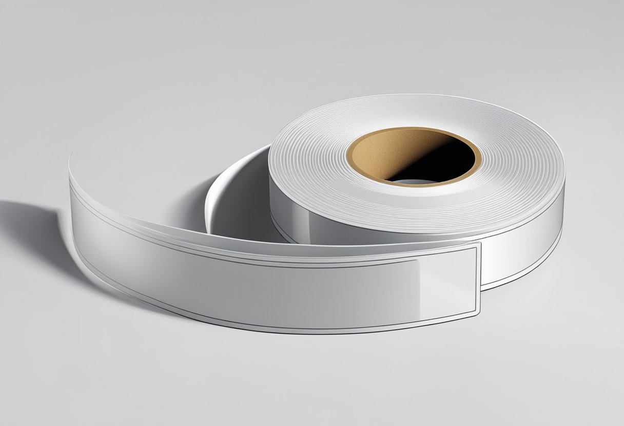 A large roll of double-sided tape sits on a clean, white surface, ready for use. The tape is neatly wound and the label is clear and easy to read