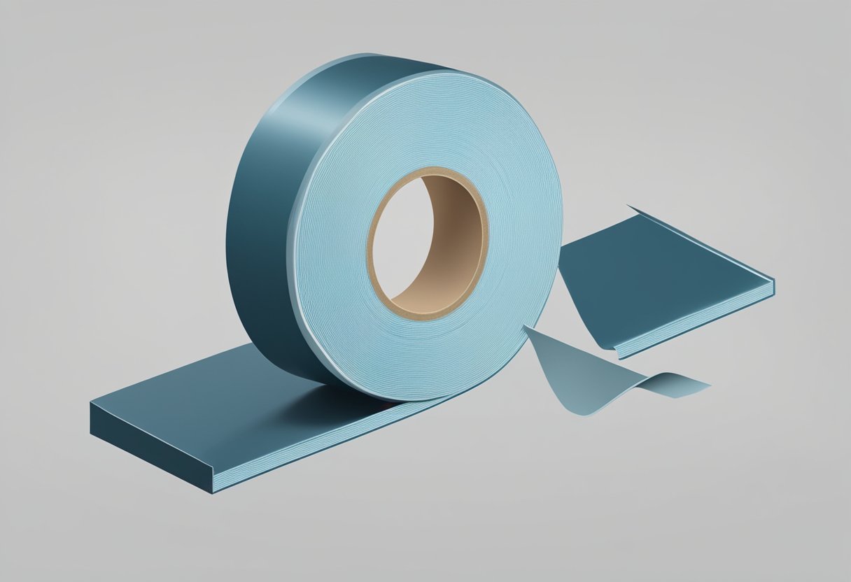 A big roll of double-sided tape is being used to attach two surfaces together. The tape is being peeled off from the roll and pressed onto the surfaces
