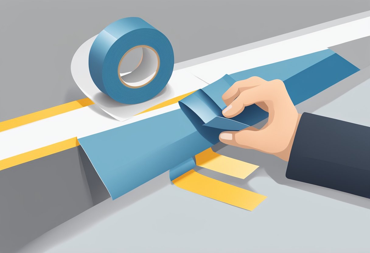 A hand reaches for a big roll of double-sided tape. The tape is being applied to a surface