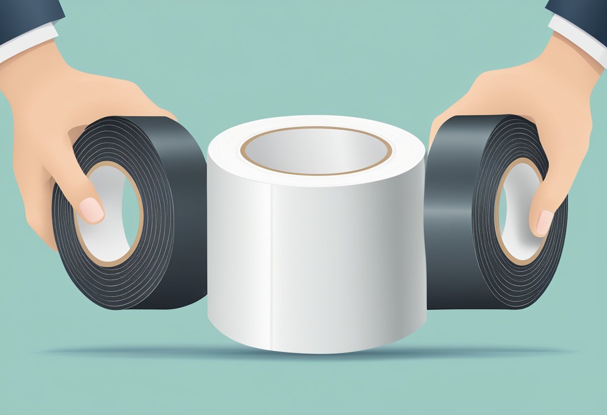 Two hands holding a large roll of double-sided tape, with one side showing the adhesive surface and the other side displaying the brand name and product advantages