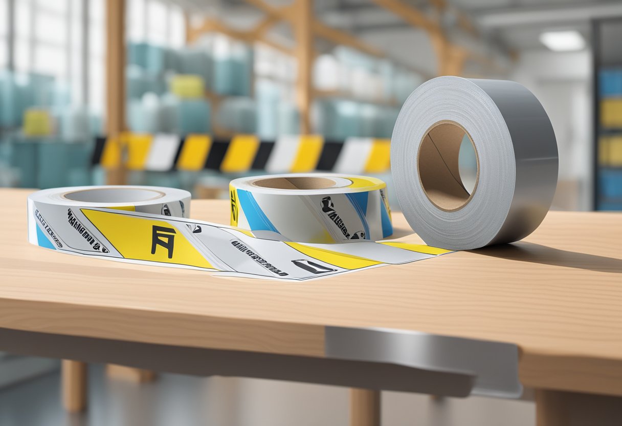 A big roll of double-sided tape is placed on a table with safety precautions signs nearby