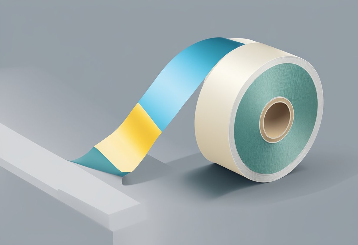 A large jumbo roll of double-sided tape unrolling across a clean, flat surface