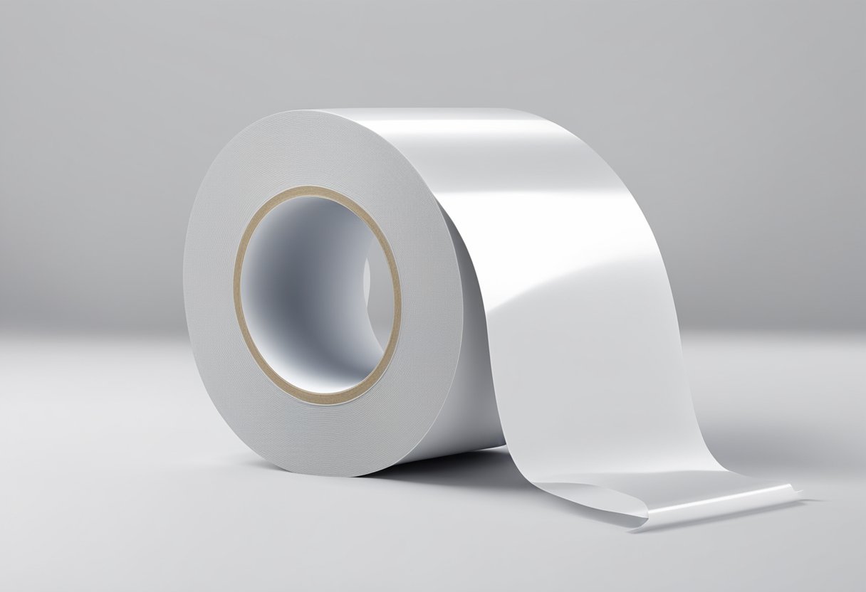 A large jumbo roll of double-sided tape sits on a clean, white surface, with the tape unfurling and ready for use