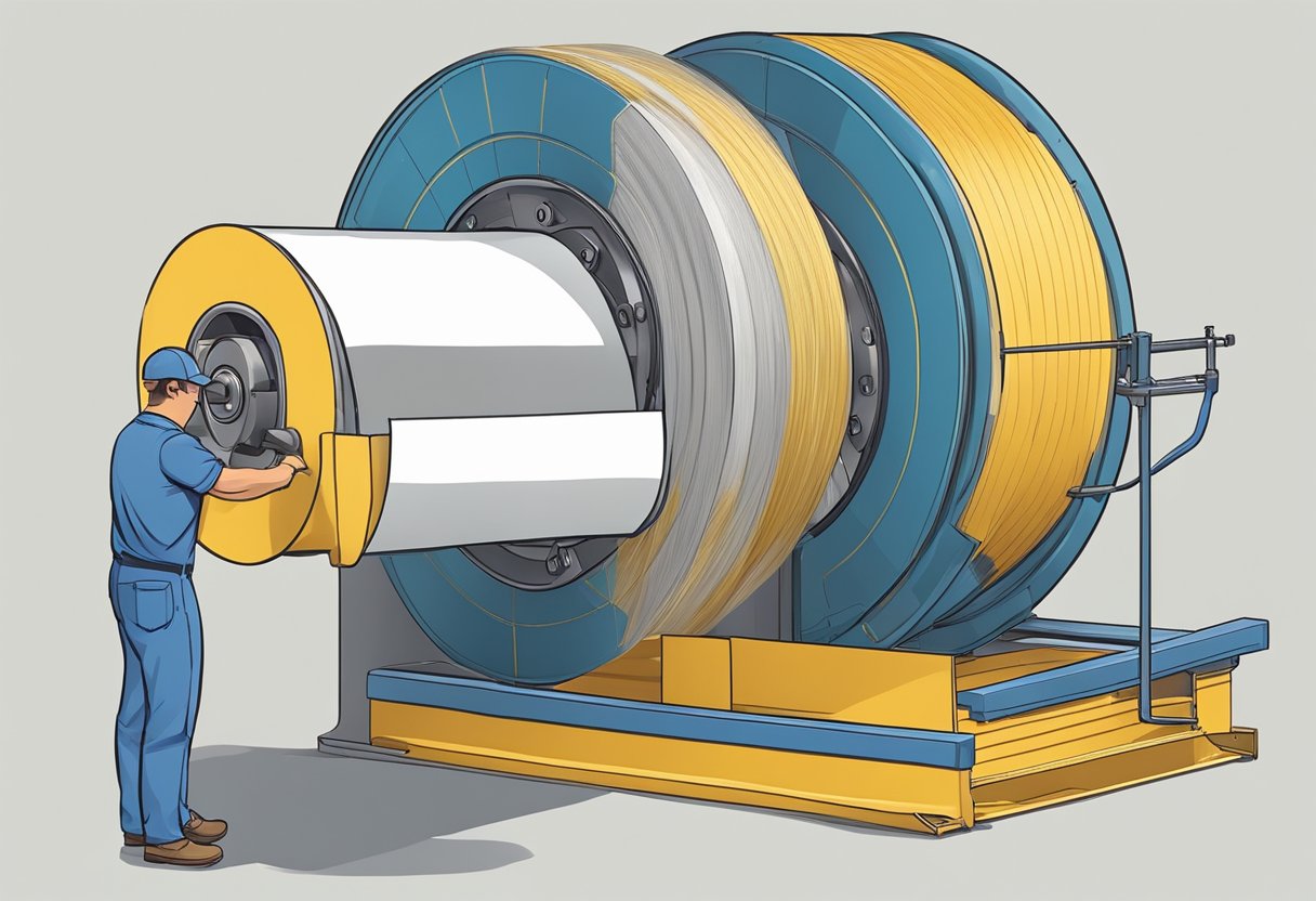A large machine unwinds and coats a continuous strip of adhesive on both sides of a long roll of tape, then cuts and winds it onto a jumbo-sized spool