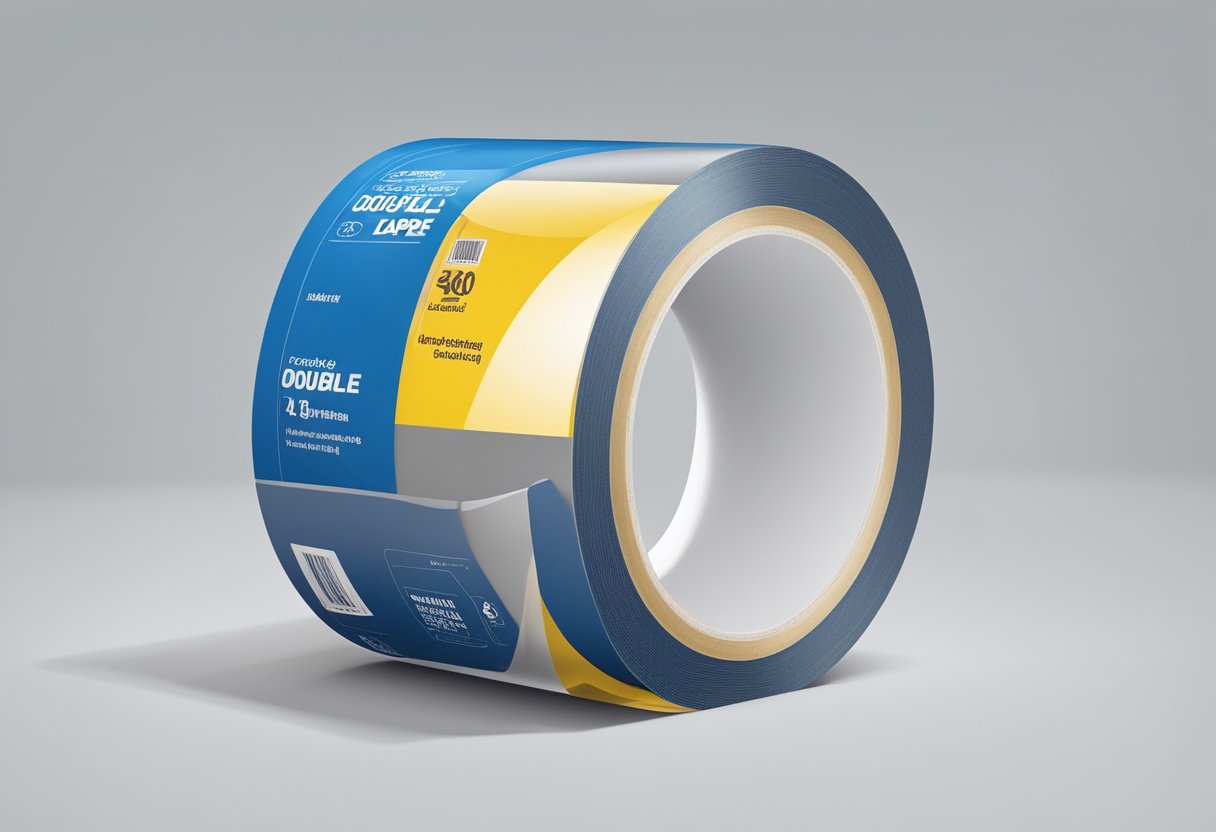 A large jumbo roll of double-sided tape sits on a warehouse shelf, its specifications clearly labeled on the packaging