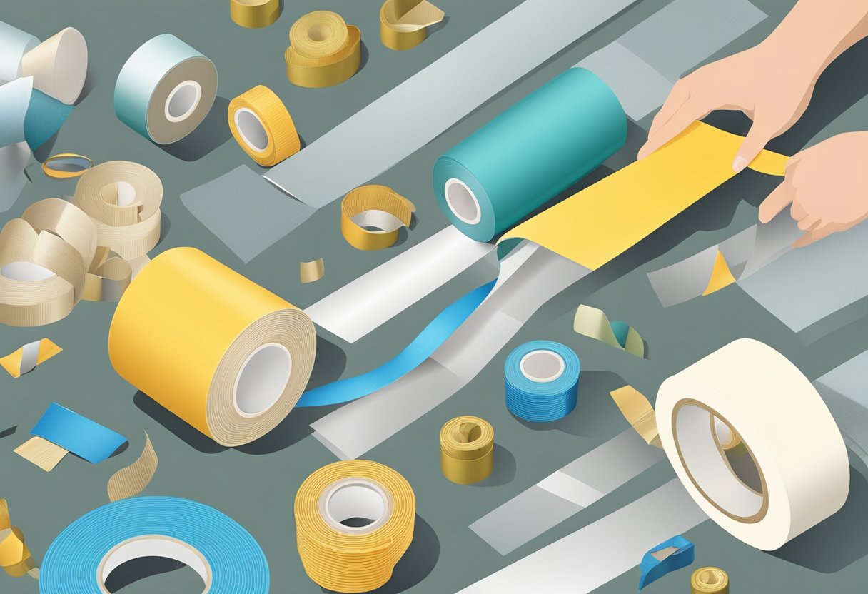 A hand reaches for a jumbo roll of double-sided tape, surrounded by various objects waiting to be secured in place