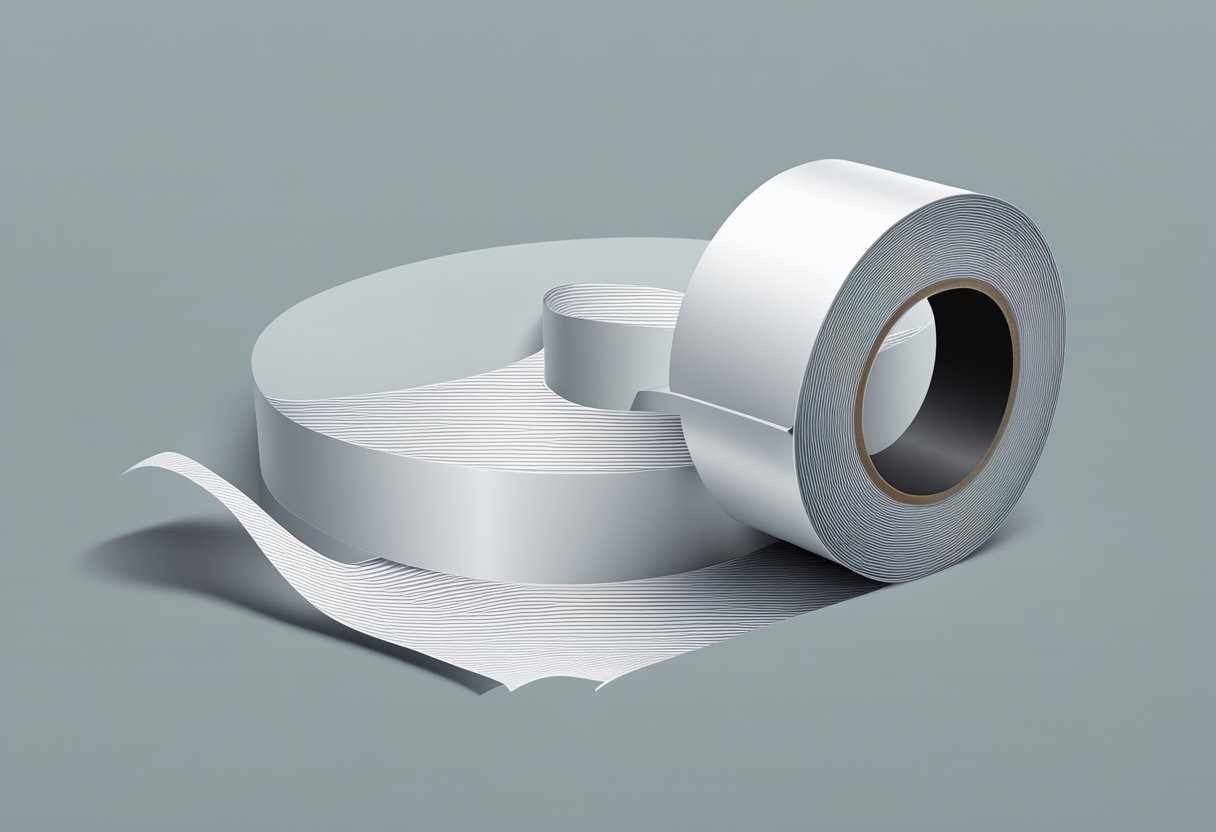 A jumbo roll of double-sided tape is being unrolled and cut into smaller pieces for installation