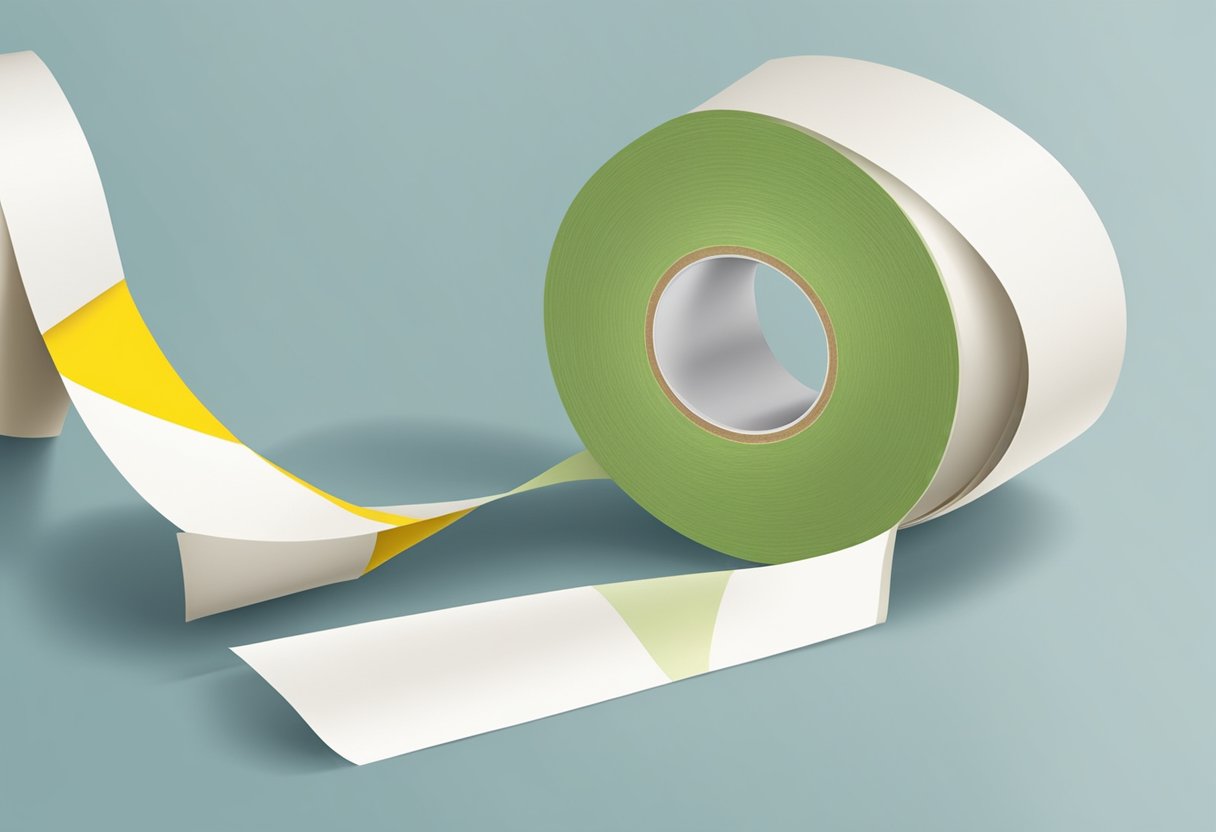 A roll of double-sided tissue tape unrolled and adhered to paper