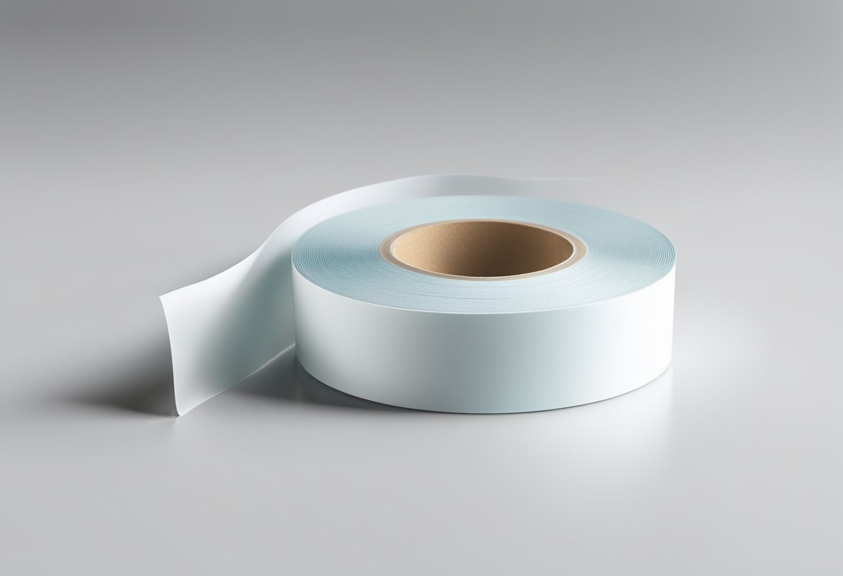 A roll of double-sided tissue tape lies on a clean, white surface. The tape is thin and translucent, with adhesive on both sides