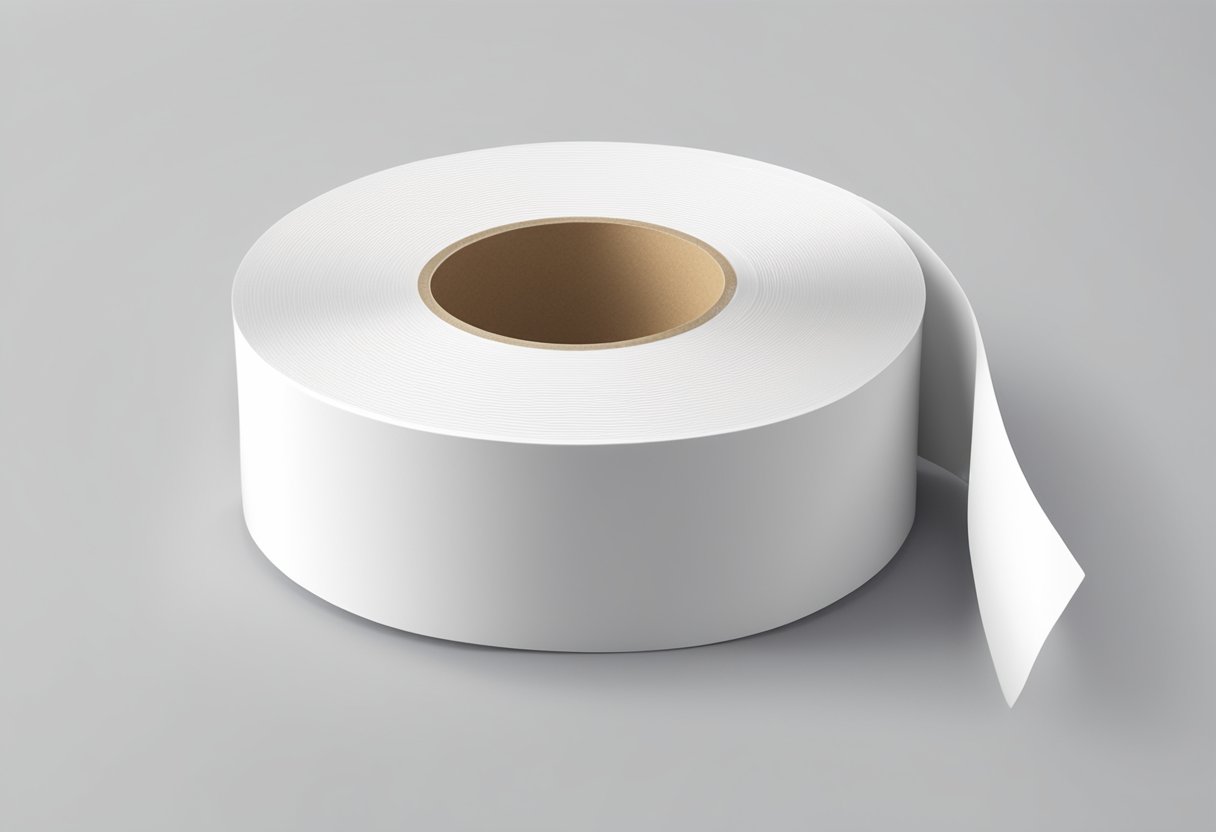 A roll of double-sided tissue tape lies on a clean, white surface, with both adhesive sides visible and ready for use