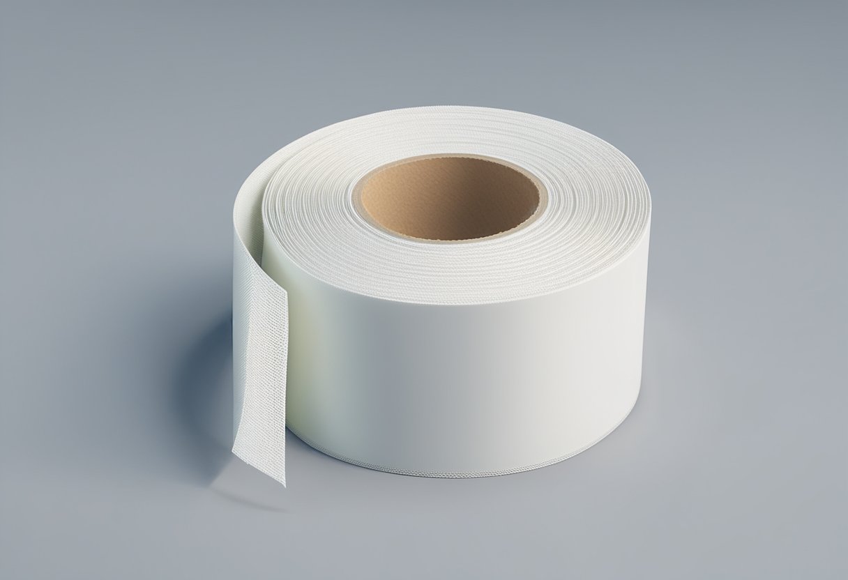 A roll of drywall joint fiberglass mesh tape lies on a flat surface, ready to be used for reinforcing and repairing drywall joints