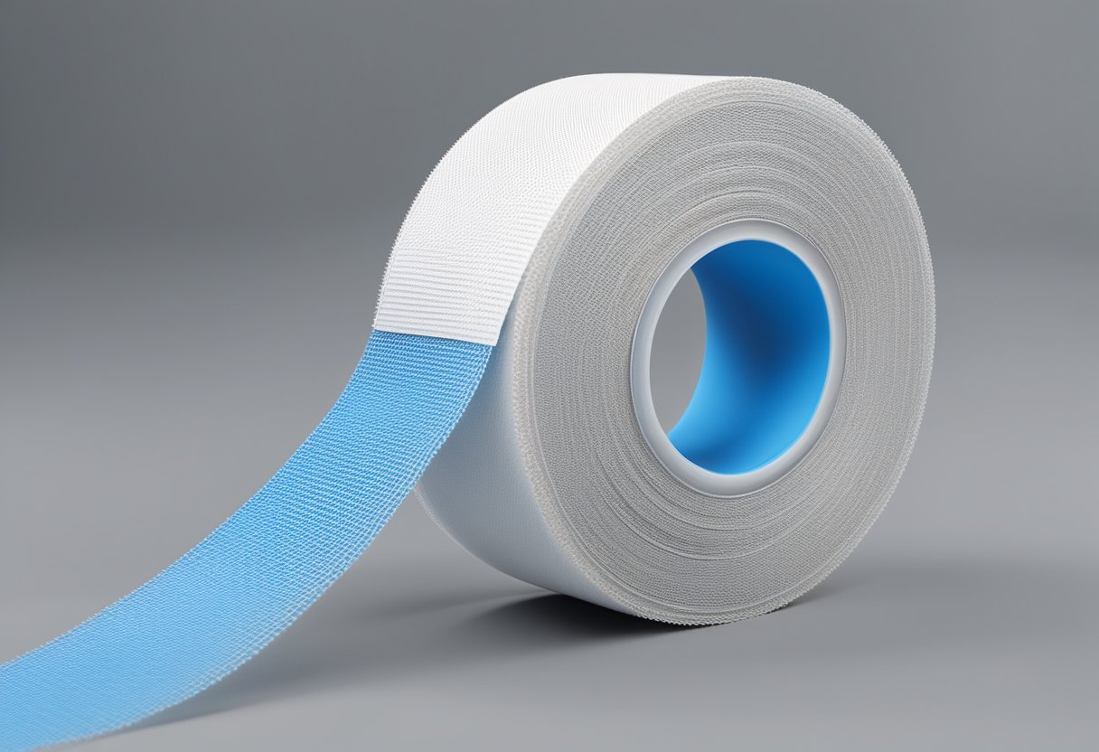 A roll of fiberglass mesh tape lies next to a drywall joint, ready to be used for taping and reinforcing the seams