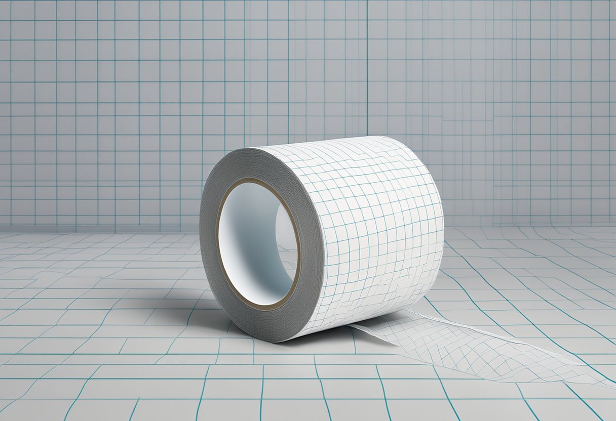 A roll of fiberglass mesh tape is unrolled and applied to a drywall joint. The tape adheres smoothly, providing reinforcement and preventing cracks