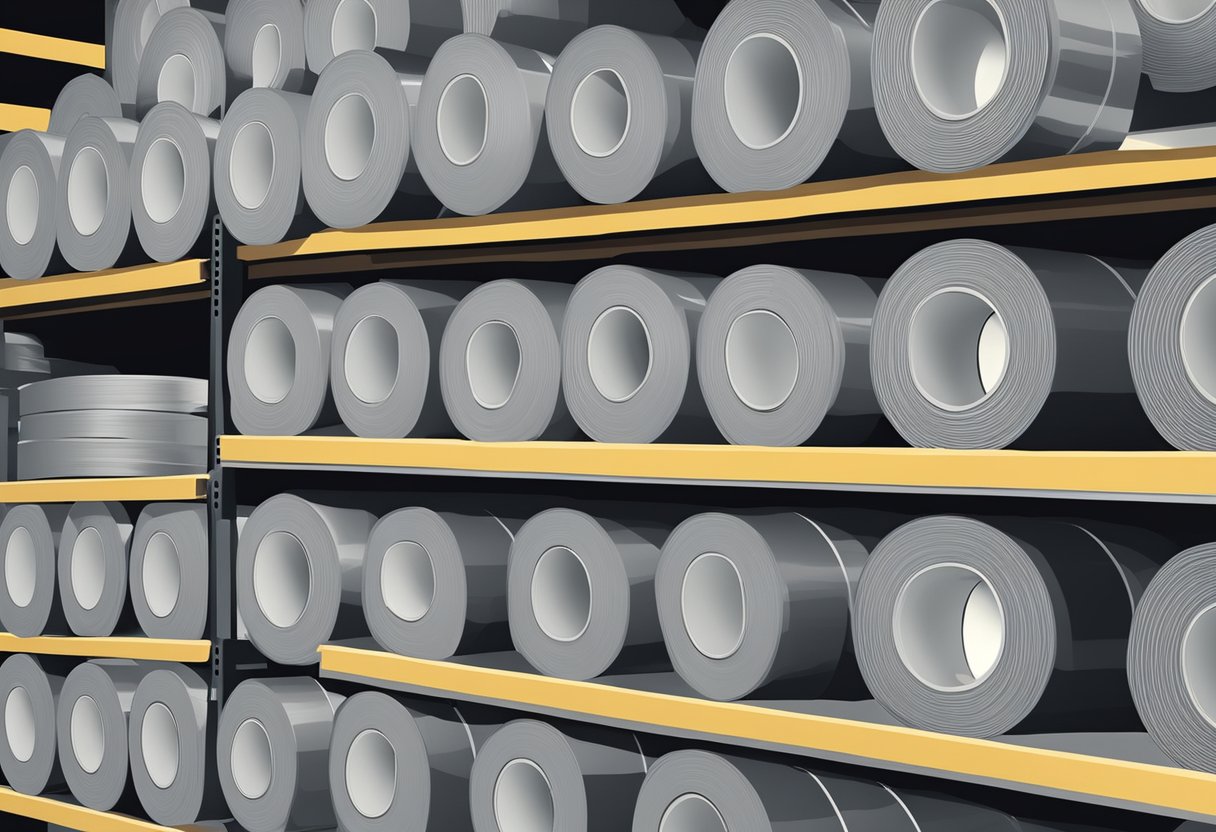 A stack of duct tape jumbo rolls sits on a warehouse shelf