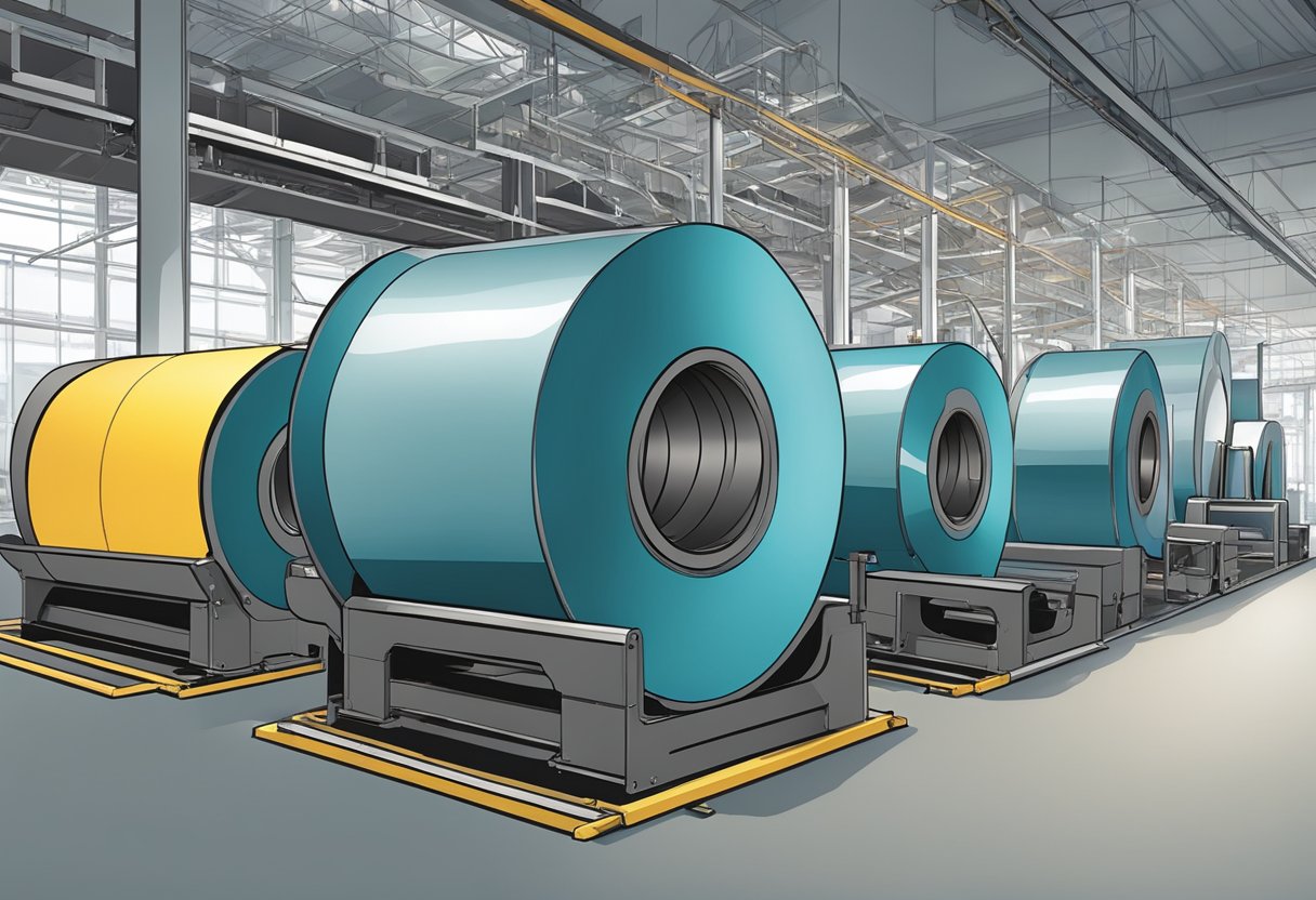 Machinery pulls and cuts long strips of duct tape from a massive jumbo roll in a large, industrial manufacturing facility