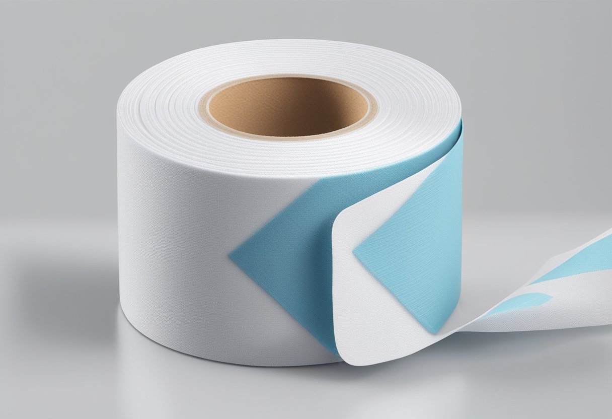A roll of easy tear cloth tape sits on a clean, white surface, with the product name and features clearly visible