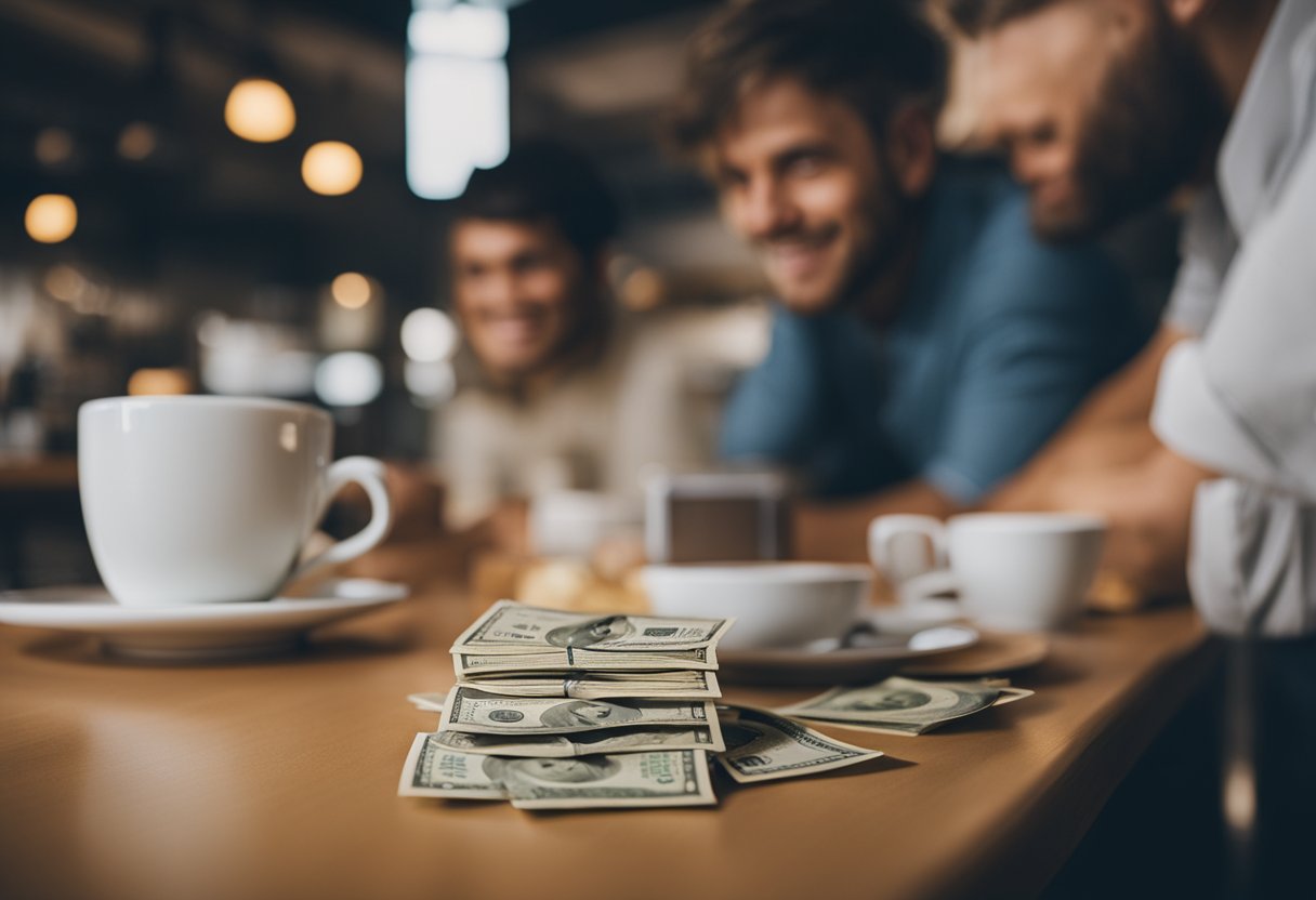 Customers at a coffee shop, leaving money on the counter
