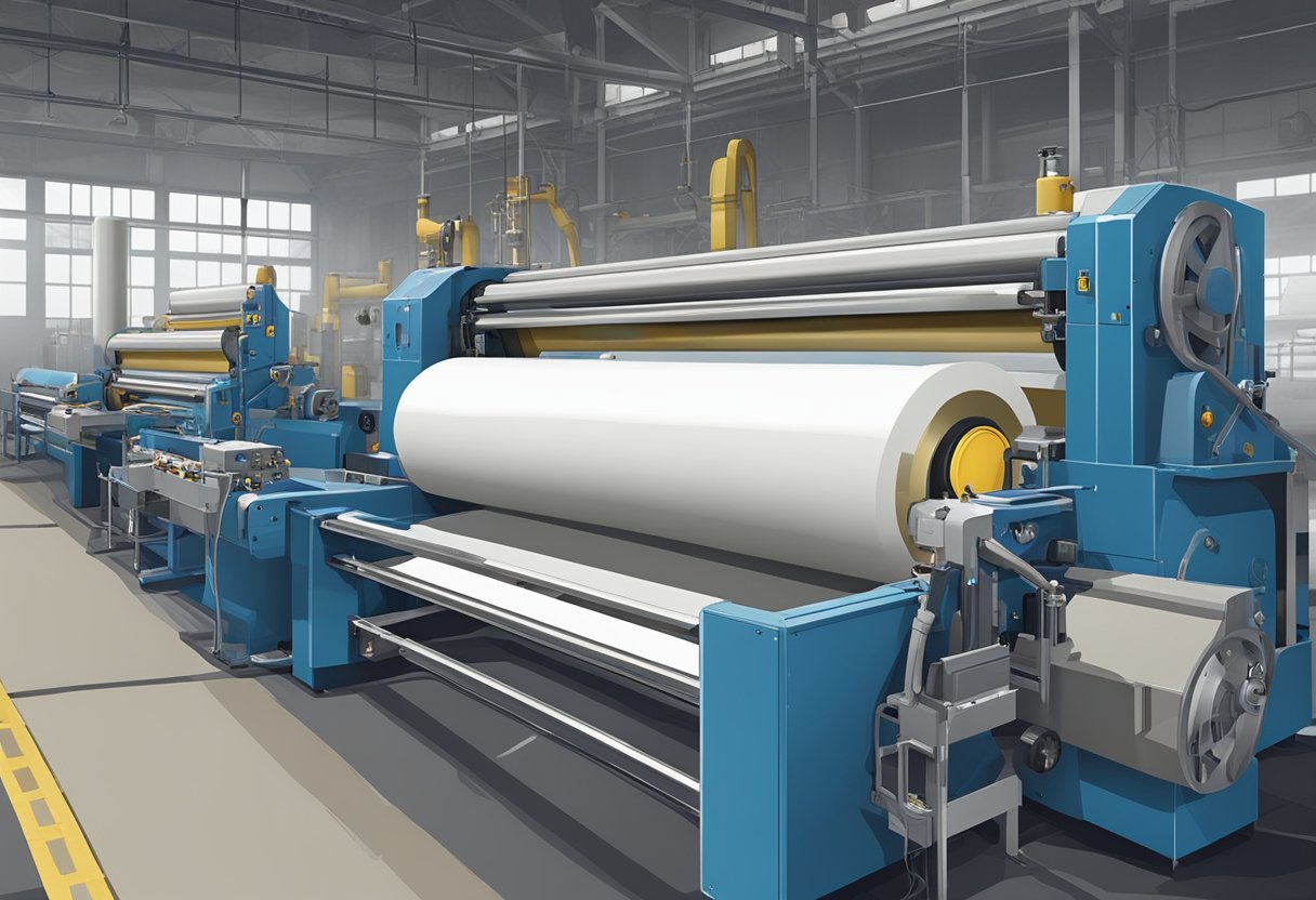 Machines cut, coat, and wind cloth tape onto rolls in a factory setting