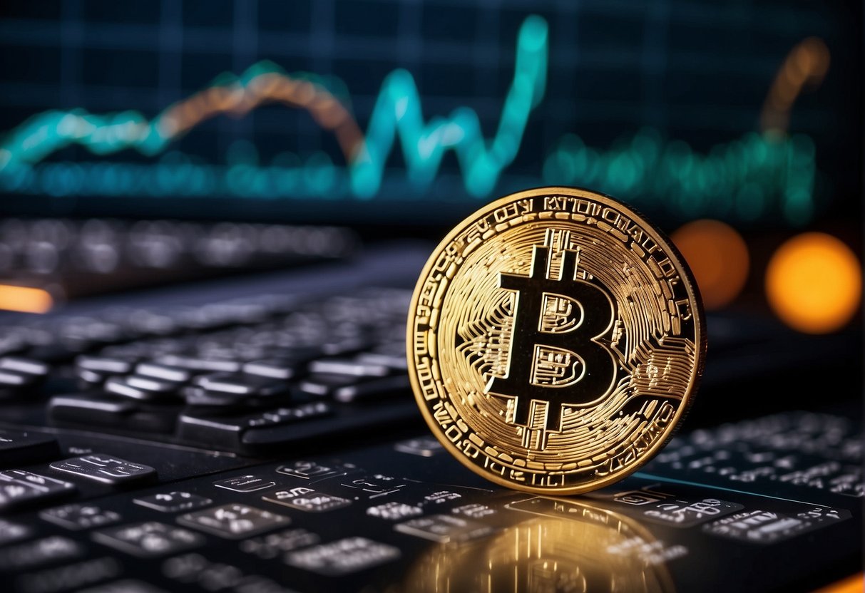 A Bitcoin ETF surrounded by financial charts and graphs, with a spotlight highlighting the low expense ratios and fees