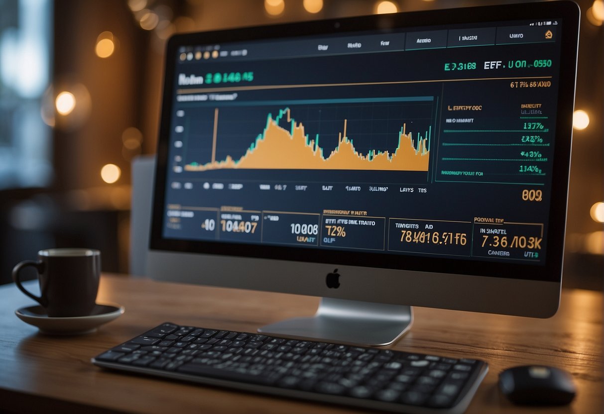 A computer screen displaying a Bitcoin ETF dashboard with charts and investment options