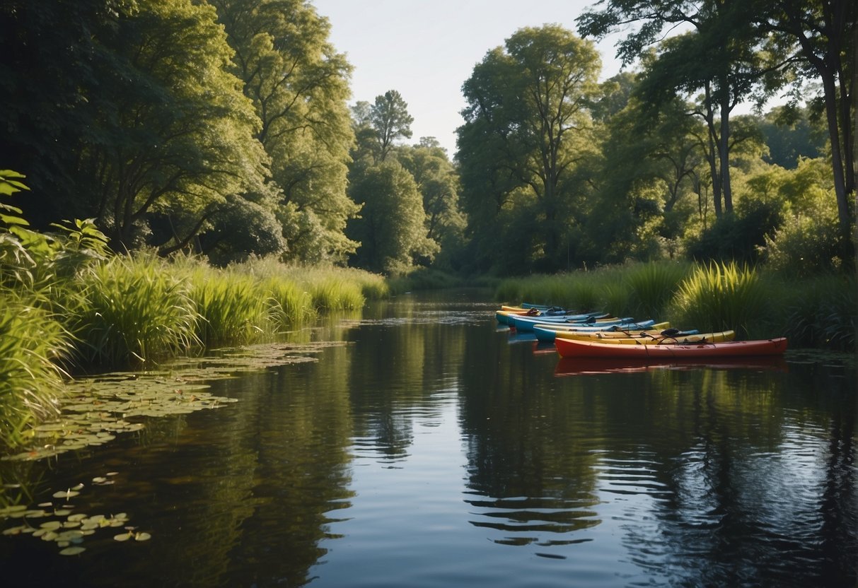 A tranquil river winds through lush greenery, with kayaks gliding across the water. Colorful aquatic plants and wildlife thrive in the vibrant ecosystem