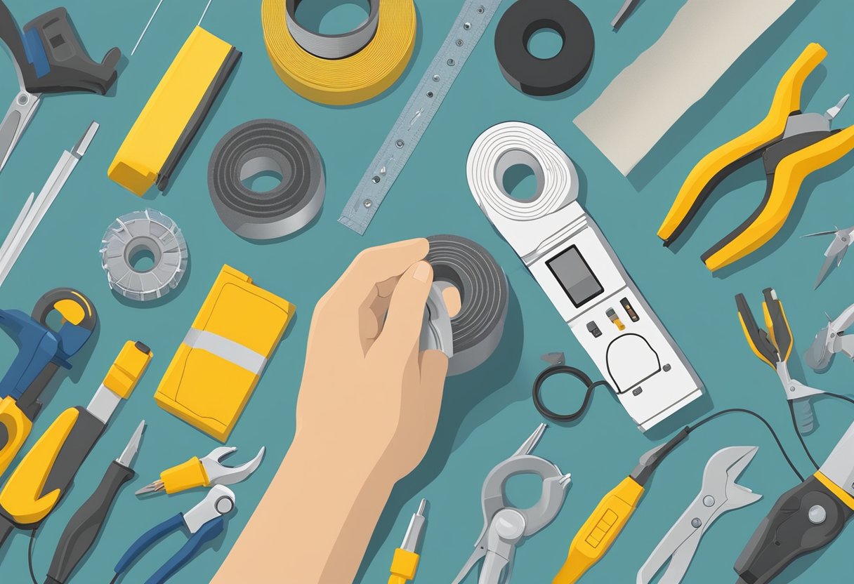 A hand holding a roll of electrical fiberglass tape against a backdrop of various electrical tools and equipment